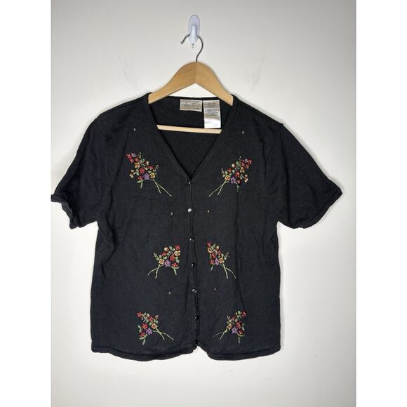 Vintage KATHIE LEE Womens Large Cardigan Sweater Short Sleeve Black Embroidered - Picture 1 of 6